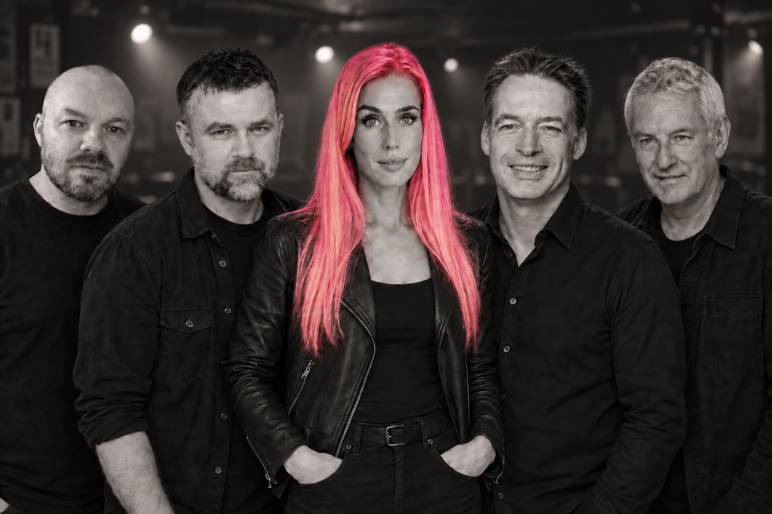 The five members of Three Lane Dash, with Katie in the centre and her pink hair in colour.